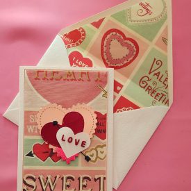 Handmade Valentine's Day card with lined envelope.