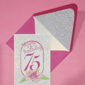 75 th birthday card with flowers, lined embossed envelope