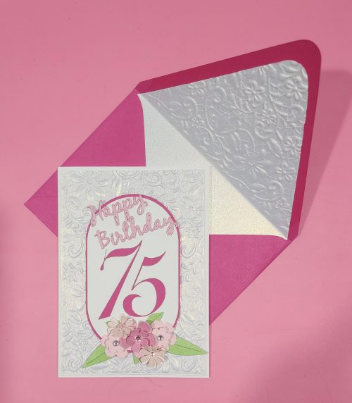 75 th birthday card with flowers, lined embossed envelope