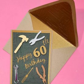 Handmade happy 60th birthday card with lined emboosed envelope