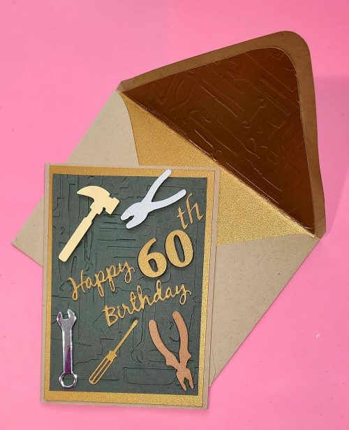 Handmade happy 60th birthday card with lined emboosed envelope